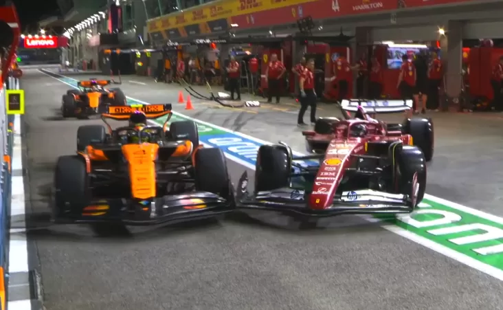 Pero el momento más polémico llegó cuando Charles Leclerc salió del pit lane junto a Lando Norris y terminó empujándolo contra el muro.
